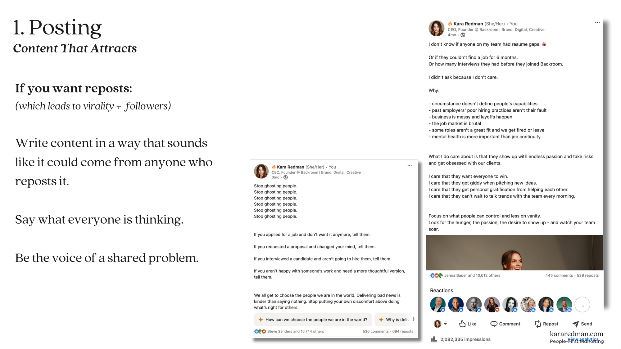 A slide from my playbook that says: If you want reposts: (which leads to virality + followers) Write content in a way that sounds like it could come from anyone who reposts it. Say what everyone is thinking. Be the voice of a shared problem. It also has 2 screenshots of viral posts.